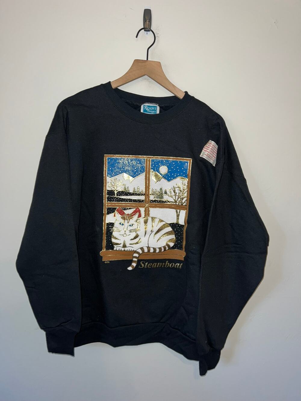 Vintage Steamboat Colorado Sweatshirt Crewneck Black Cat Winter Snow VTG XL 90s
